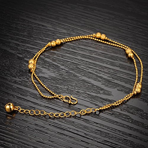 Women's Anklet Bracelet 18k Gold Plated Double Row Beads Grind Arenaceous Bead Pendants Foot Chain Adjustable L7.87"
