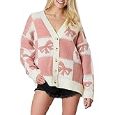 Meiweileya Womens Oversized Cardigan Sweaters Bow Printed Button Down Y2k V Neck Valentines Loose Long Sleeve Knit Coat