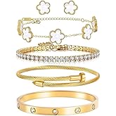 Freinit Bracelets and Earrings Set for Women 5Pcs 18K Gold Plated Nail love Bangle Bracelet Set Adjustable Bracelet Stackable Flower Tennis Bracelet Gifts for Christmas Valentines Women's Day and Mother's Day