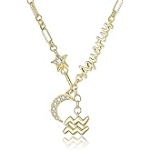 JIYVY32 14K Gold/Rose Gold Zodiac Necklace for Women - Horoscope Constellation Pendant with Moon and Star, Luxury Birthday Gifts Jewelry for Her (12 Zodiac Signs)
