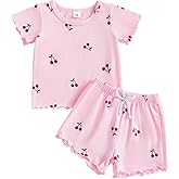Socutebabe Toddler Baby Girl Summer Clothes Cute Ruffle Cherry Cotton Short Sleeve T-shirt Tops + Shorts Playwear Outfits