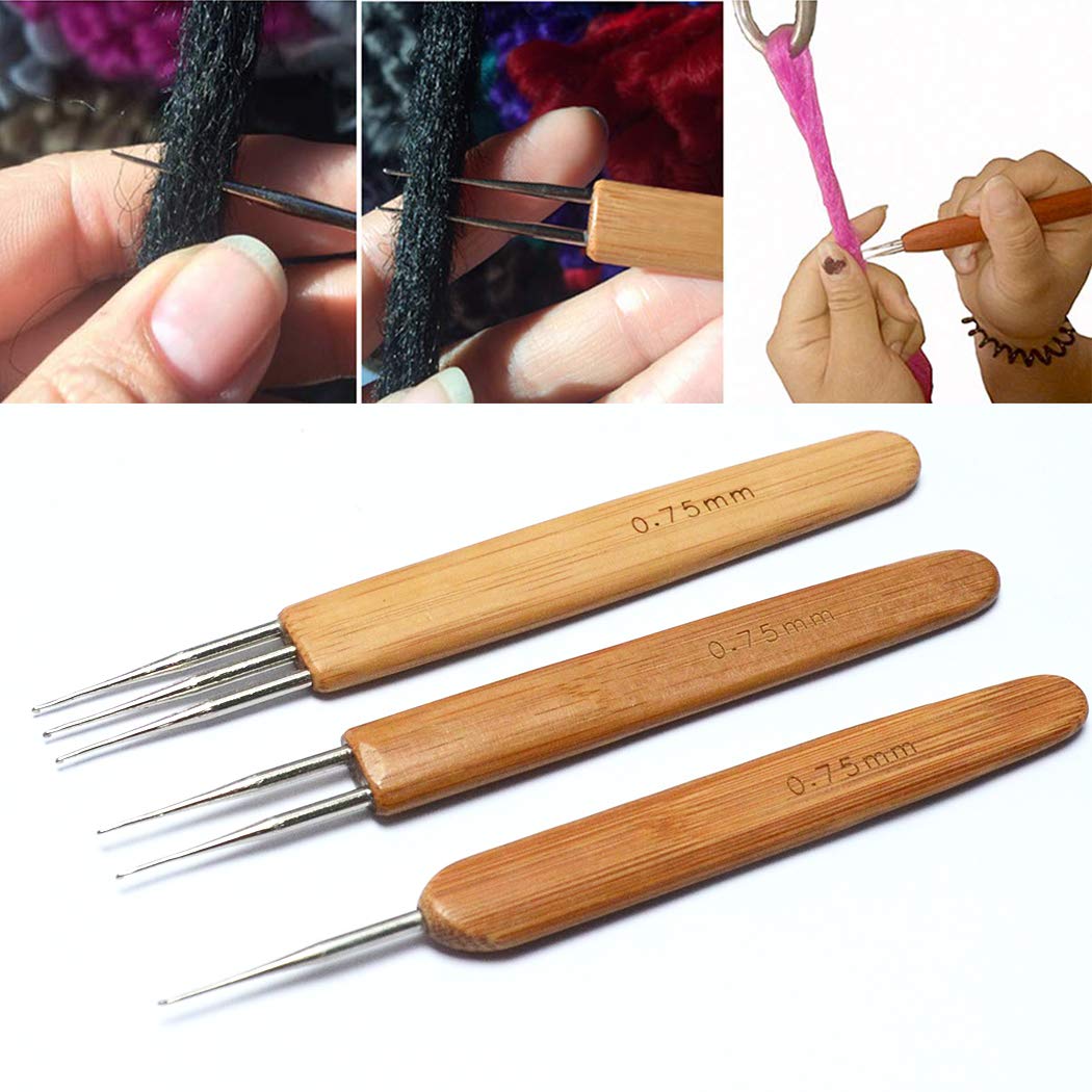 BLUPLE 3Pcs/Set(1Hook,2Hook,3Hook) Bamboo Dreadlock Crochet Hook Dreadlocks Crochet Needle with Wooden Handle Soft Touch Steel 0.75mm Crochet Hook for Braid Craft