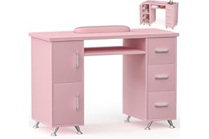 DeerDean Manicure Table Pink Nail Desk for Nail Tech Acetone Resistant Nail Table with Extended Drawers & Cabinets & Wrist Cushion