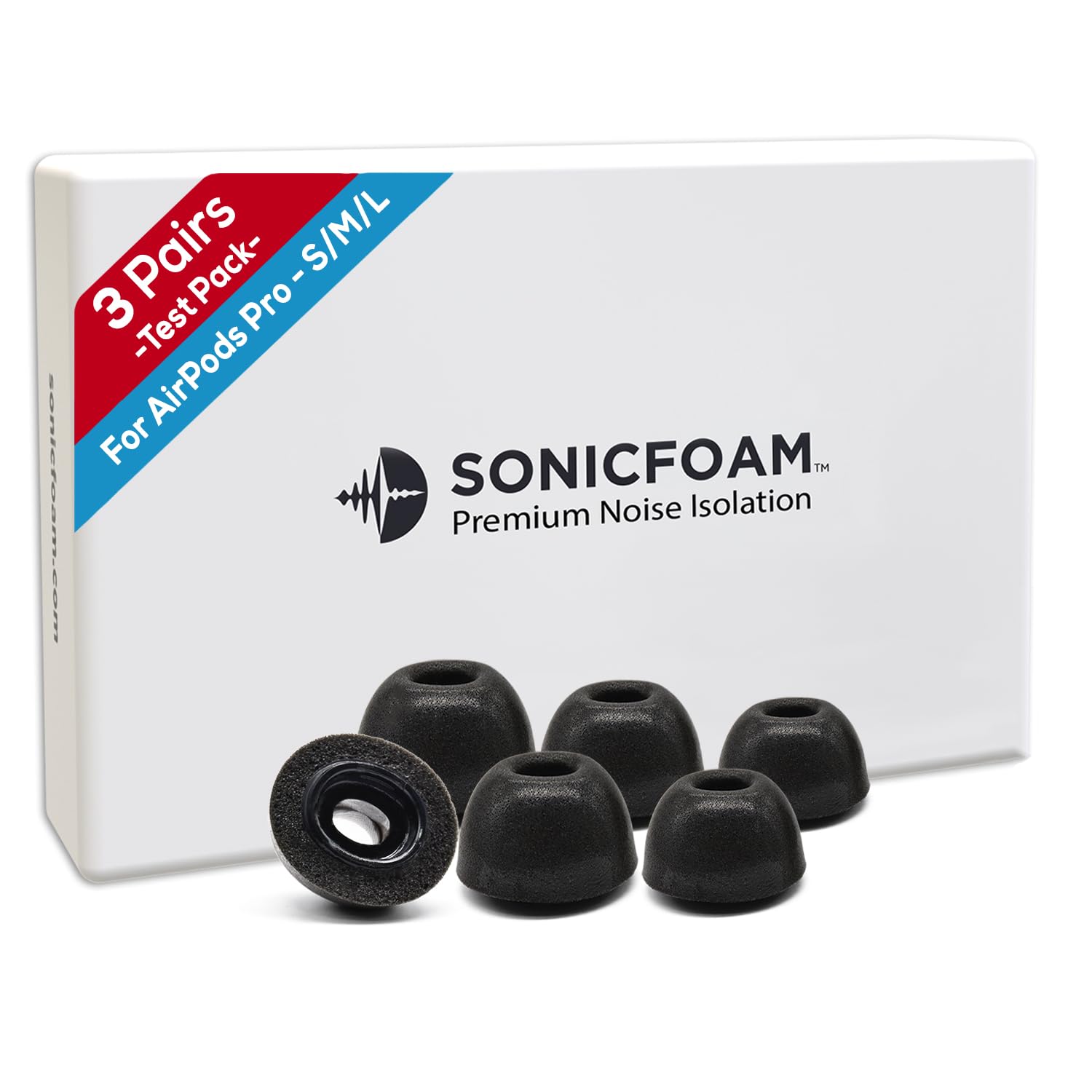 Photo 1 of SONICFOAM Memory Foam Earbud Tips - Premium Noise Isolation, Replacement Foam Ear Tips, 3 Pairs for Airpods Pro 1 & 2 (SFAIR S/M/L, Black, Tester Pack)