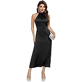 SITELUOYG Women's Elegant Mock Halter Neck Party Dress Sleeveless Satin Silk Cocktail Evening Maxi Dresses