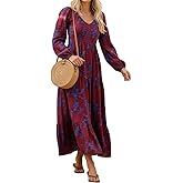 Womens Boho Floral Maxi Dress Long Sleeve V Neck Empire Waist Tiered Long Dresses Spring Wedding Guest Dress