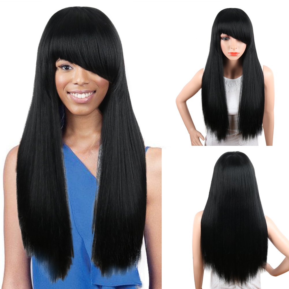 Kris Black Long Yaki Straight Side Wigs With Side Bangs Hairstyle