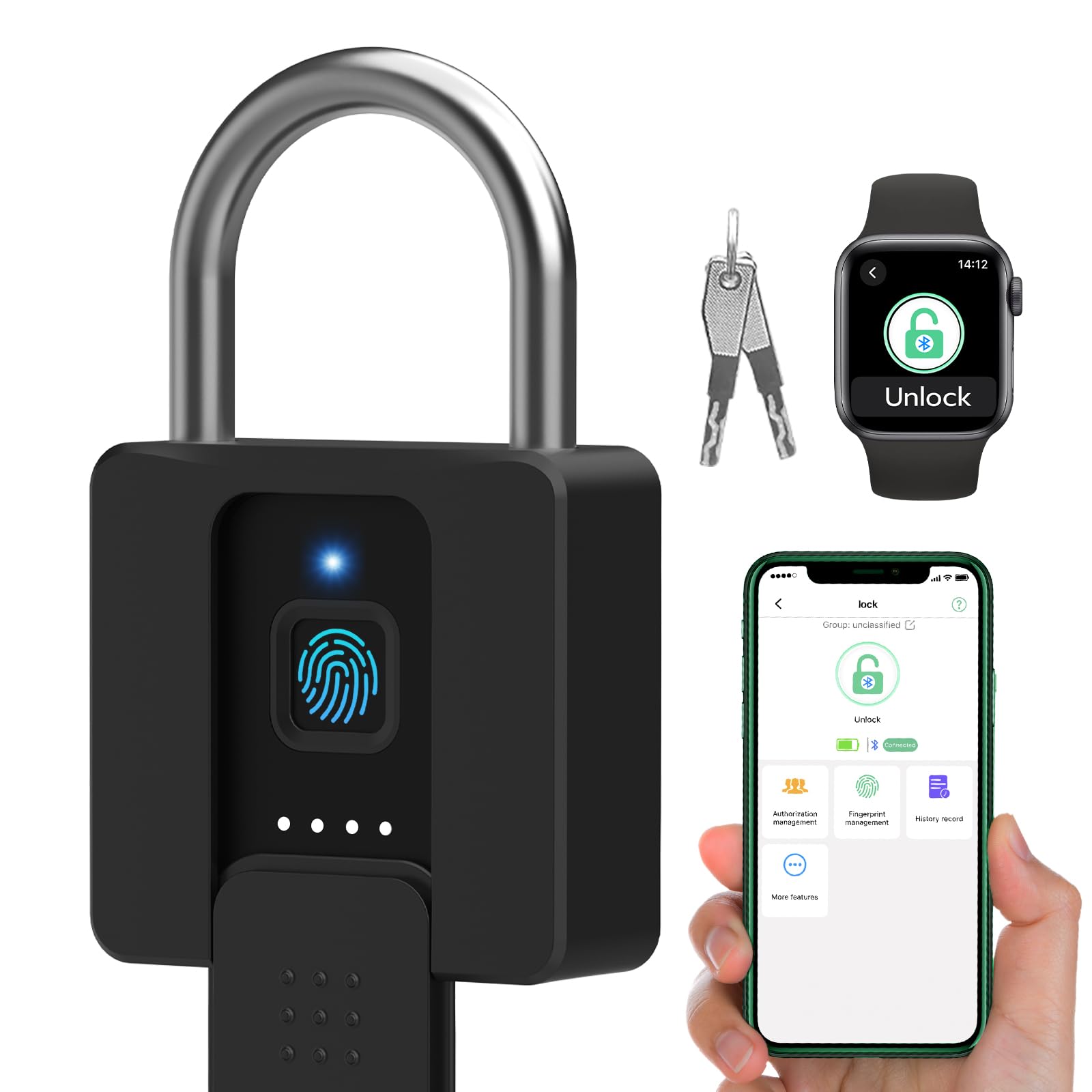 Photo 1 of Fingerprint Padlock, Dhiedas Pad Lock with Fingerprint Bluetooth Key Waterproof Heavy Duty Combination Lock for Outdoor Fence Gate Shed Warehouse Gym Storage Yard