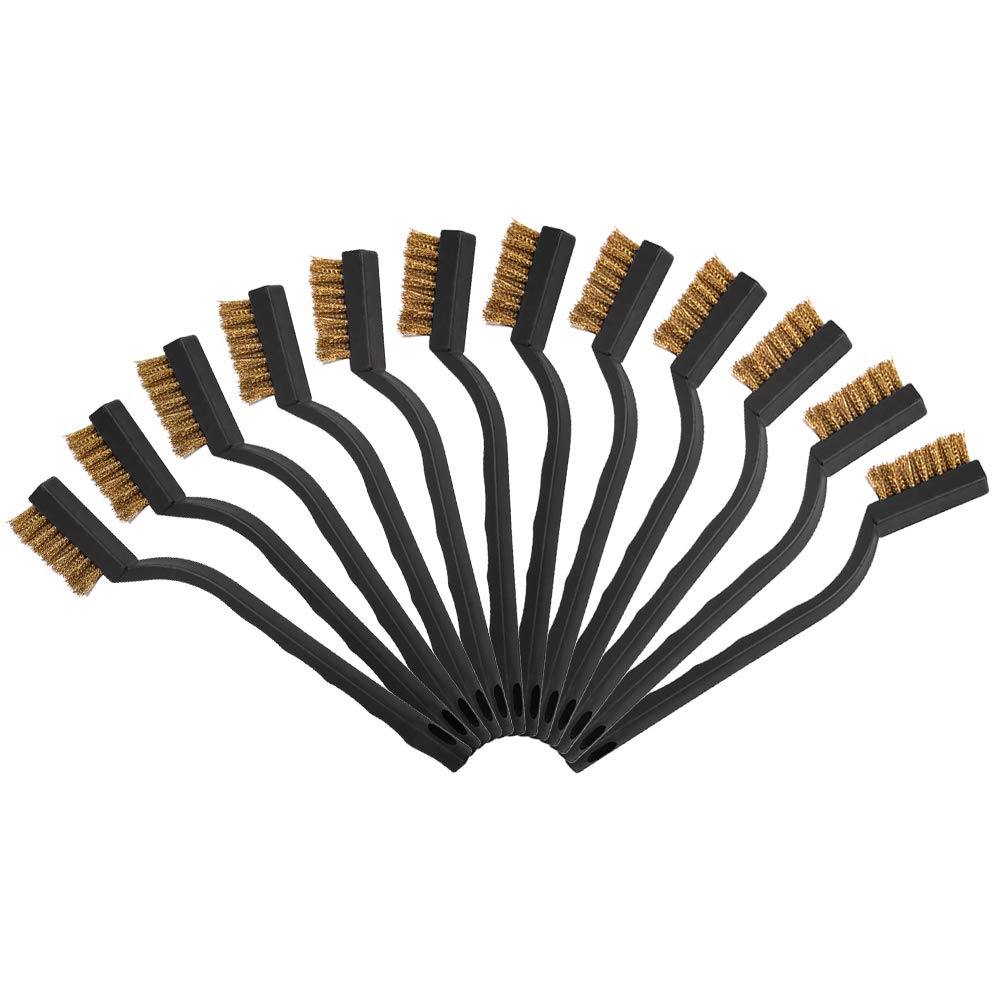 Akls Mini Brass Wire Brushes Plastic Handles Wire Brush for Cleaning Rust, Metal Work Pieces, Welding Slag and Rust, Greasy Dirt, 12pcs