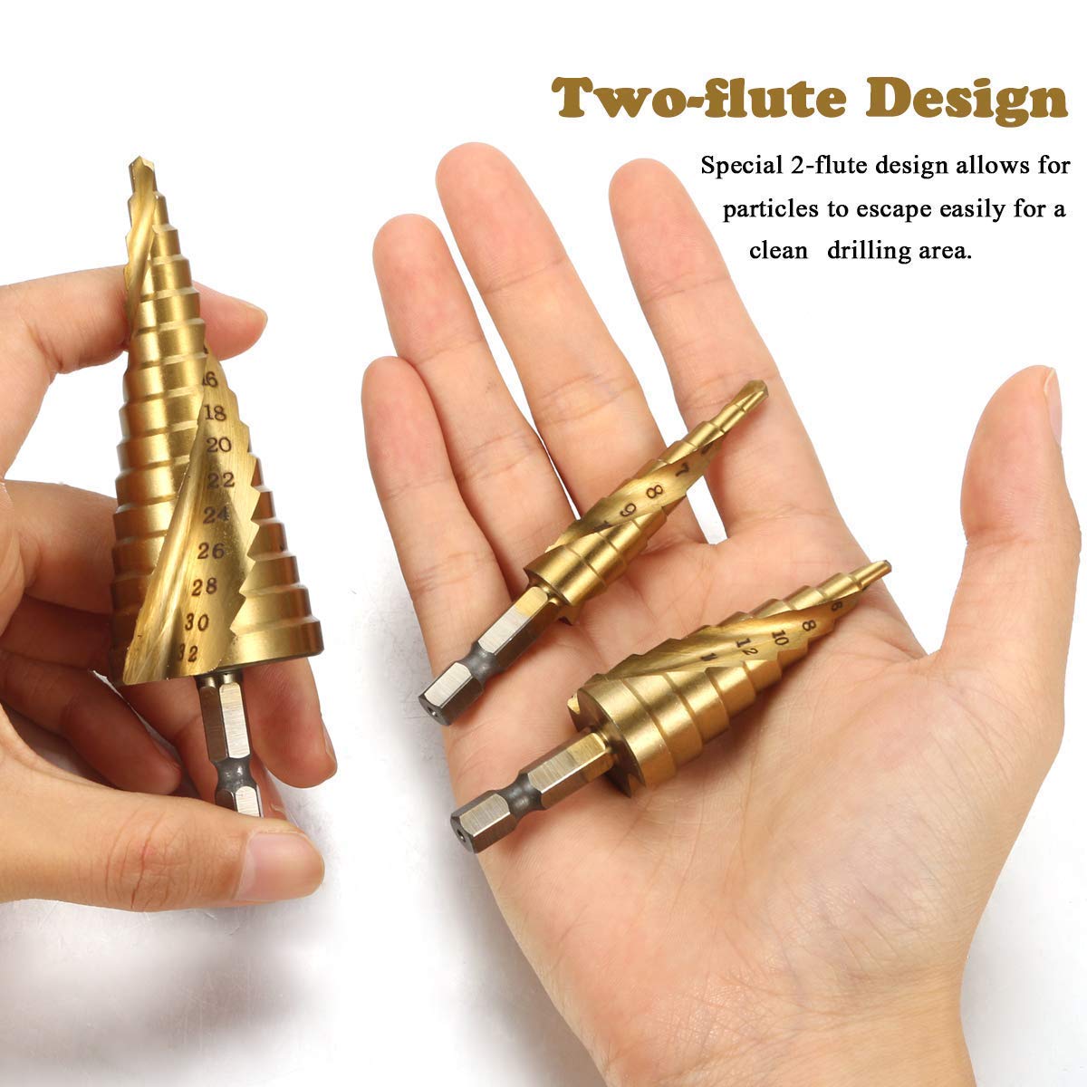 HSS Stufenbohrer Set,Gocheer 3 stück Stufenbohrer Schälbohrer Kegelbohrer Set,Spiral Gerillt,mit Tasche(4-12mm /4-20mm /4-32mm),für Edelstahl,Metall,Holz,Kunststoff,Aluminium, Kupfer,DIY usw (Golden)