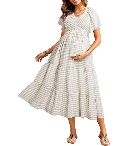 easter pregnancy dress AISWI Maternity Short Sleeve Maxi with Belt Crew Neck Tiered Ruffle Flowy Pocket Dresses Baby Shower, Champagne, S at Amazon Women's Clothing store A fun graphic with Casual Mother Of The SIZE:2 | S-M Active Style:Dresses