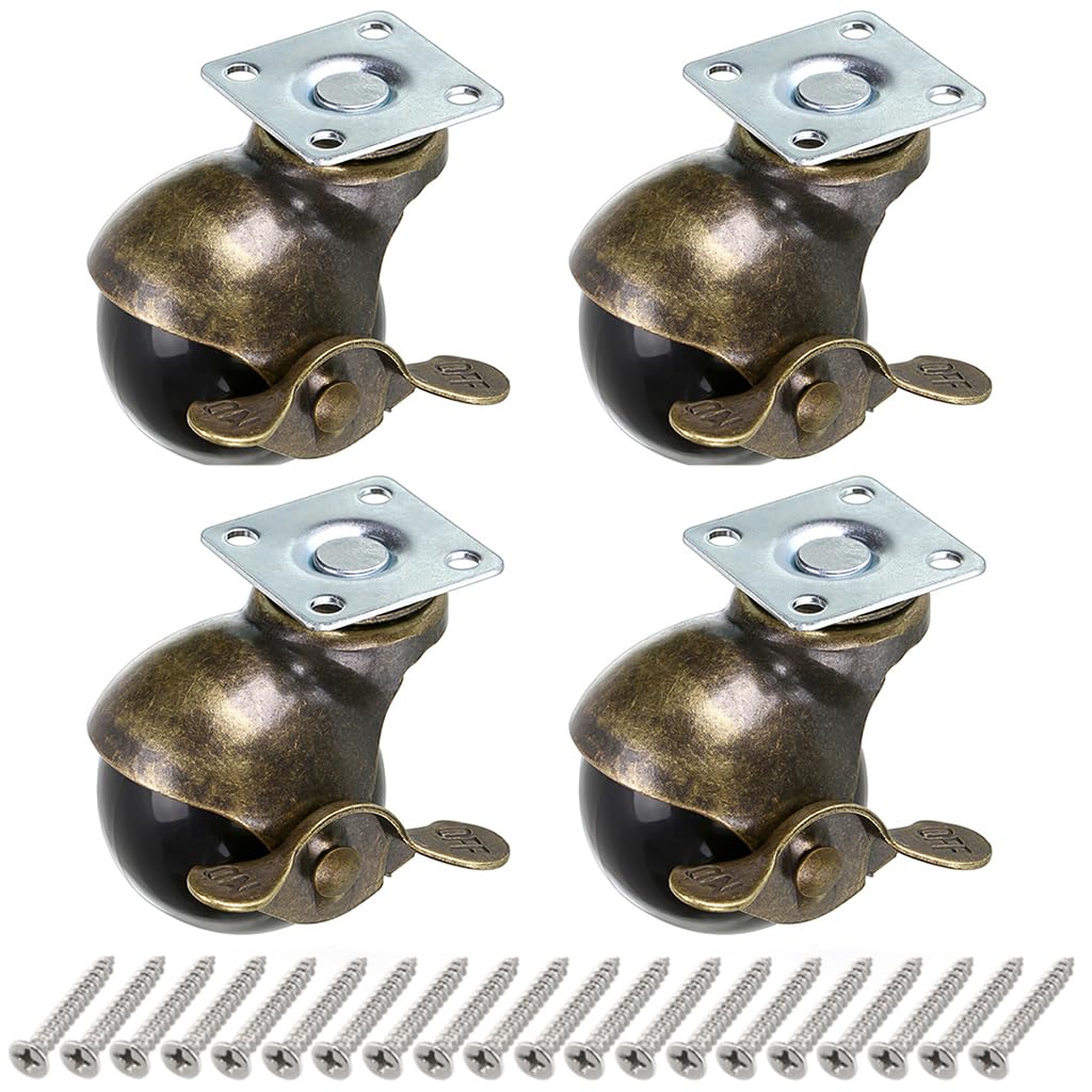 Skelang 4 Pcs Plate Castor Wheels, 40 mm Furniture Castors with Brakes, Antique Ball Casters for Furniture, Cabinet, Storage Chest, Coffee Table, Load Capacity 22.7 kg Per Caster