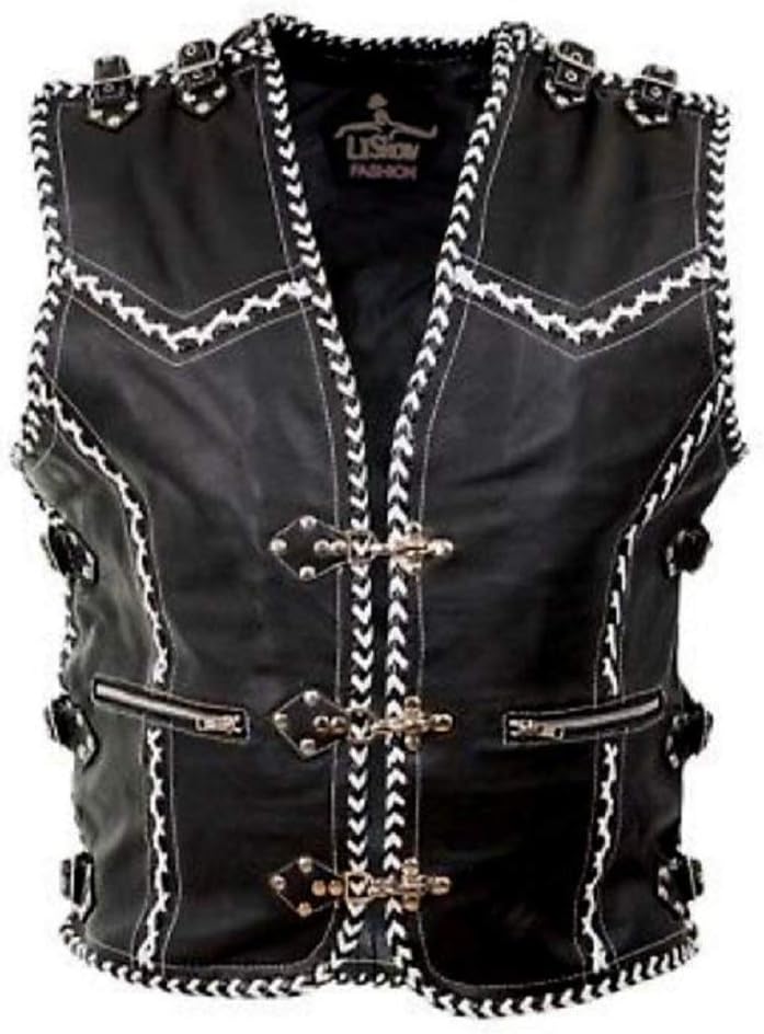 Men's Biker Rider Motorcycle Motorbike Rocker Retro Cafe Racer Genuine Cowhide Leather Withe & Black Edging Vest