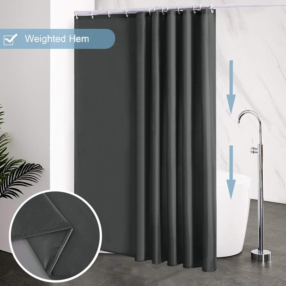 Furlinic Shower Curtain Mould Proof Resistant Wetroom Bathroom Polyester Fabric Shower Curtains Liner Waterproof Rustproof Washable Weighted with 12 Hooks Dark Grey Extra Long 200x240cm 78x94 Inch - Image 3