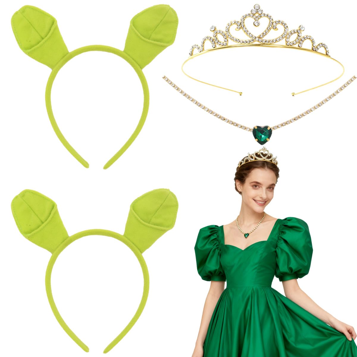 EduPlayte Green Ogre Ears Headband Set, 4PCS Monster Headbands with Crown and Necklace, Carnival Costume Accessories for Cosplay Dress up Party