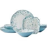 Pfaltzgraff Garden Blossom Floral 12 Piece Plate Bowl Dinnerware Set, Blue