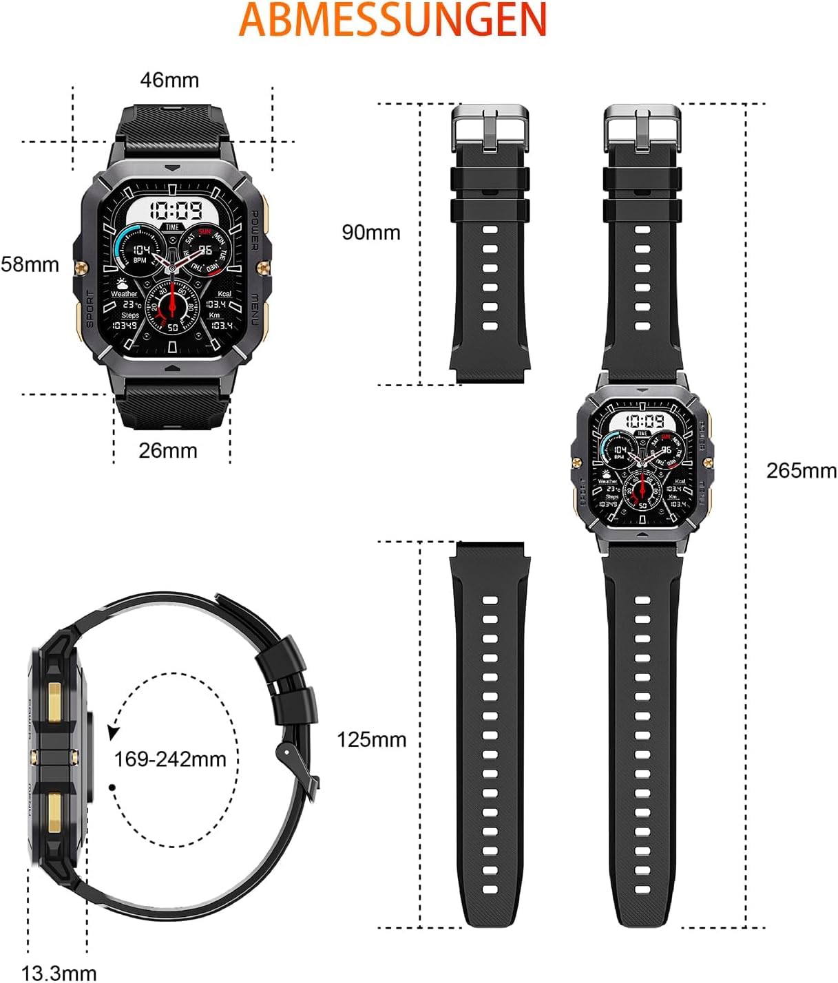 OUKITEL Smartwatch Men's 2.02 Inch Military Fitness Watch with Bluetooth Calls, Rugged Smart Watch Waterproof 410 mAh Sleep 100+ Sports Mode Pedometer for Android iOS