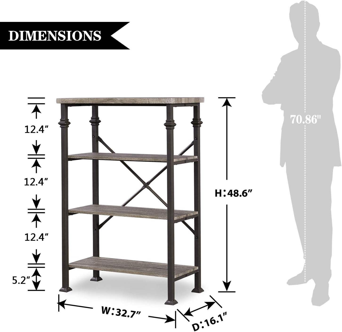 Hombazaar 4-Tier Industrial Bookcases, Vintage Open Etagere Bookshelf, Multi-Functional Shelf Units for Collection, Grey Oak: Furniture & Decor