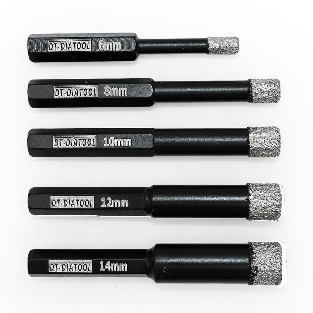 DT-DIATOOL Tile Diamond Drill Bits Set Hex Shank - 5PCS 6/8/10/12/14mm Vacuum Brazed Hole Saw for Tile Porcelain Ceramic Marble Granite
