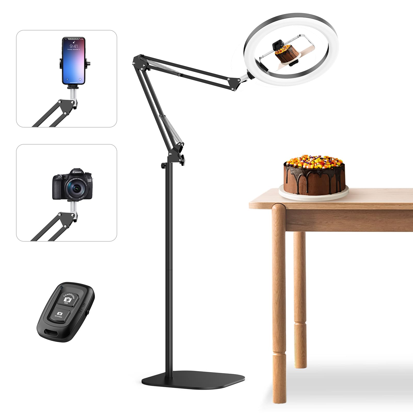 12" Ring Light with Stand Tripod for iPhone, Overhead Phone Camera Mount, Adjustable 72" Height Tripod Holder Floor, Phone Stand for Video Recording Filming Streaming Cooking TikTok YouTube, CRI >95