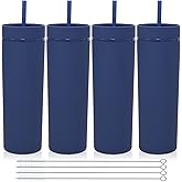 Volhoply 20oz Plastic Skinny Tumblers Bulk 4 Pack,Double Wall Tumbler with Lid and Straw,Reusable Travel Iced Coffee Mug,BPA Free Matte Acrylic Water Cups With Straw for Party,DIY Gifts(Navy, 4 Set)
