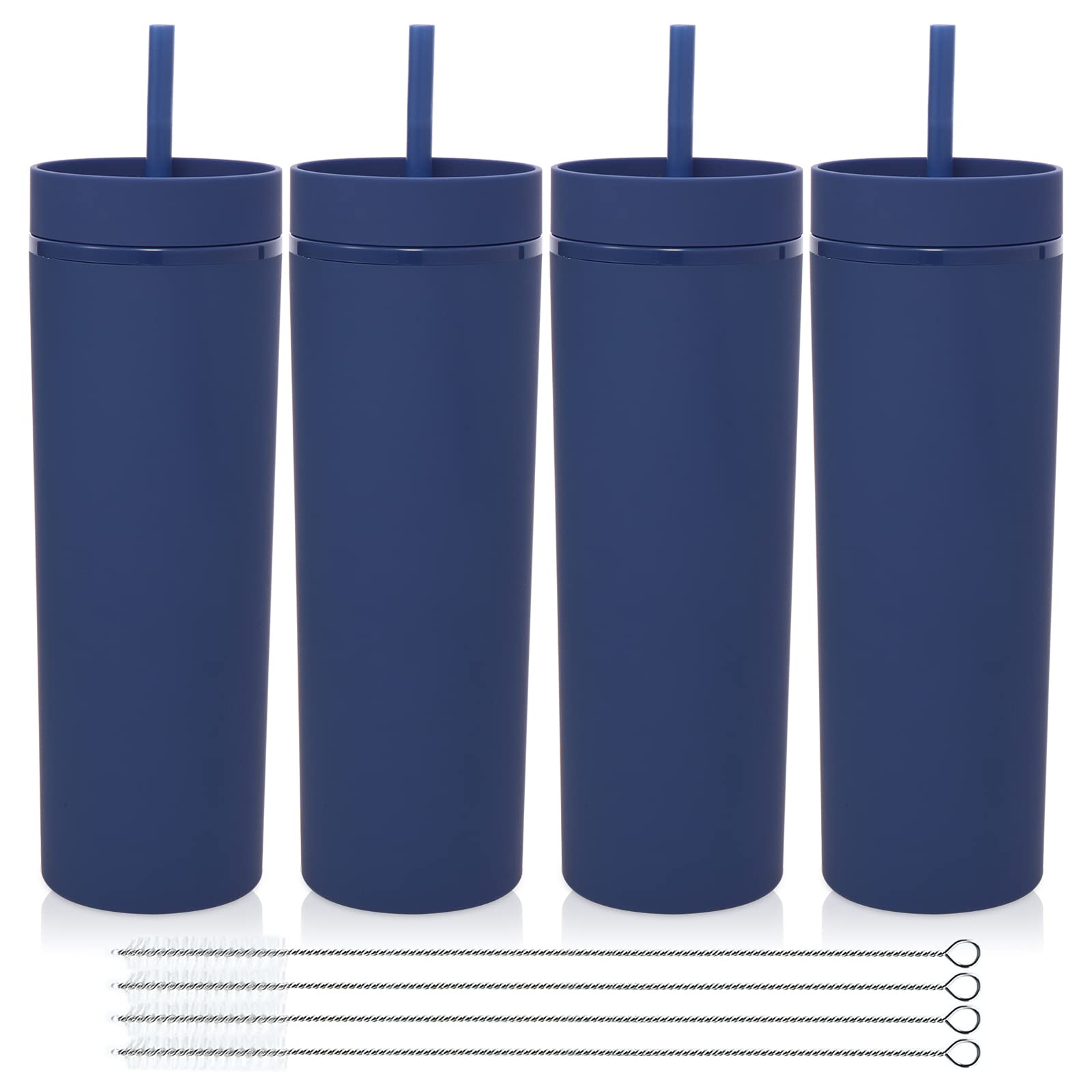 Volhoply 20oz Plastic Skinny Tumblers Bulk 4 Pack,Double Wall Tumbler with Lid and Straw,BPA Free Matte Acrylic Water Cups for Parties(Navy, 4 Set)