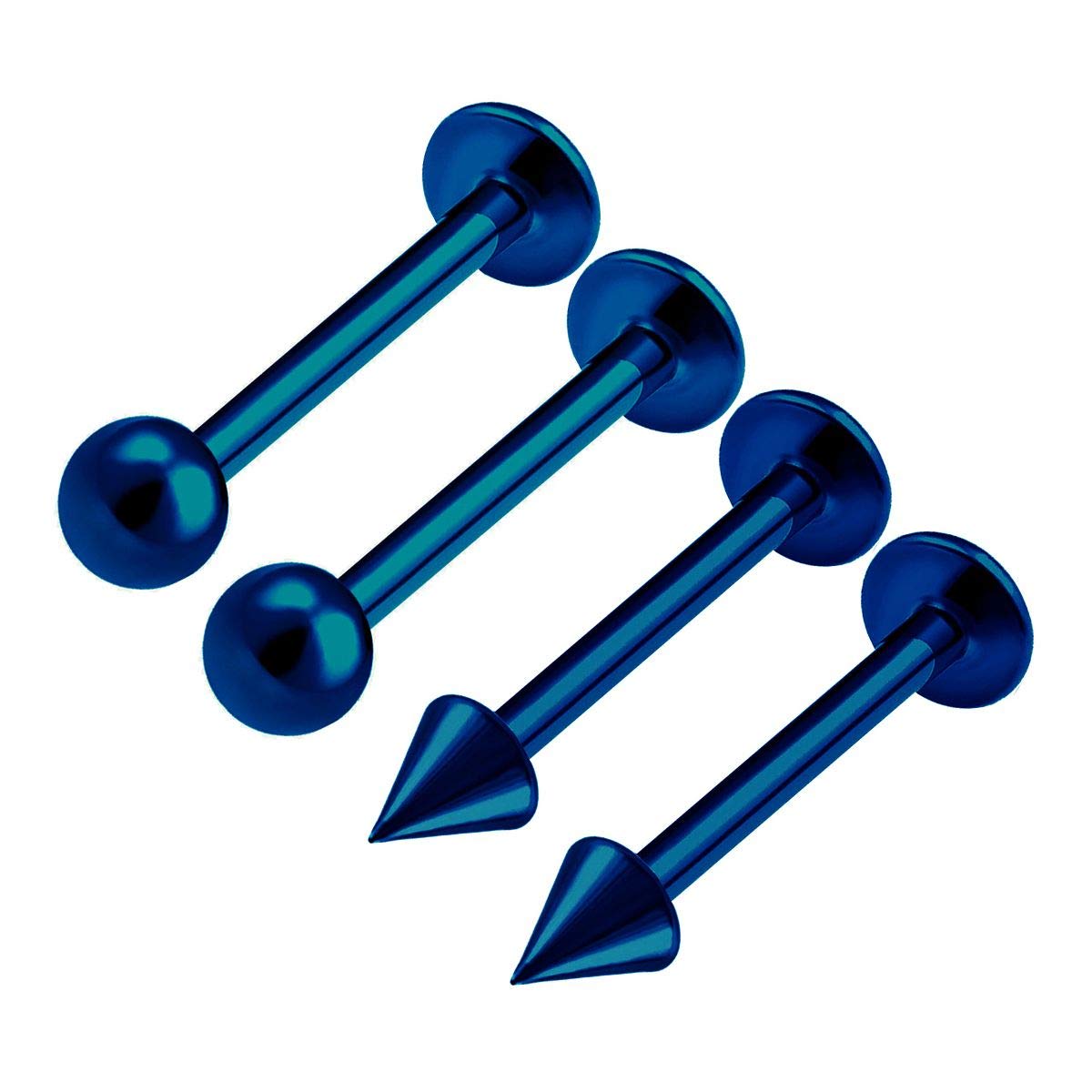 KJM FASHION 4PCS Stainless Steel Dark Blue Lip Labret 16g 3/8 10mm 3mm Ball Spike Spiderbite Earrings Snake Bite Piercing Jewellery 0373