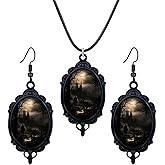 coadipress Gothic Castle Earrings Necklace Set for Women Vintage Cameo Glass Punk Style Victorian Earrings and Necklace Goth Raven Cabochon Mystic Witch Halloween Jewelry