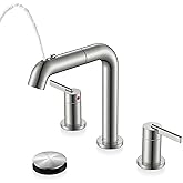 KENES Widespread Bathroom Faucet with Sprayer, Brushed Nickel Bathroom Sink Faucet with Pull Down Sprayer, 8 Inch 3 Hole Pull Out Bathroom Faucet with Pop Up Drain & Supply Lines LJ-9058A