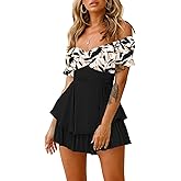 Fixmatti Women Boho Romper Off Shoulder Ruffle Chiffon Shorts Jumpsuit Playsuits