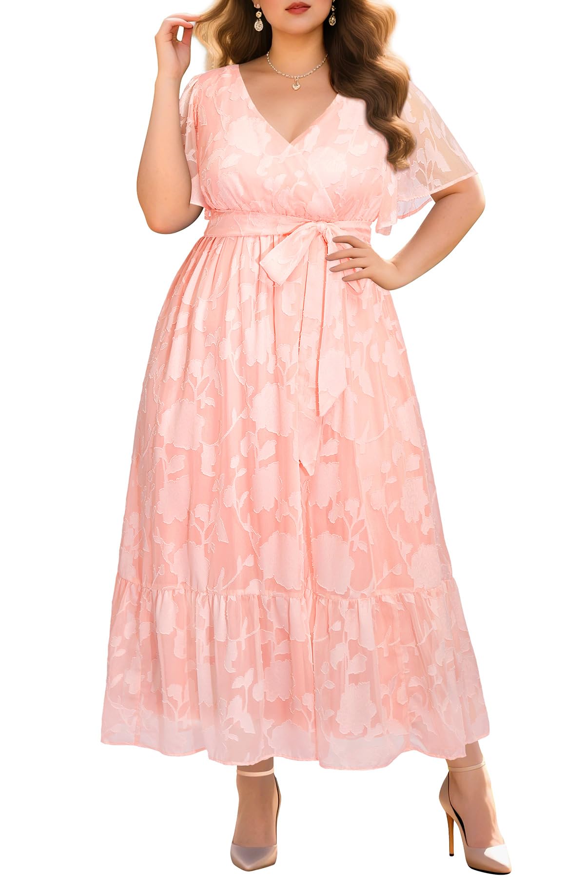 Plus Size Pink Dress for Women Summer Maxi Wrap V