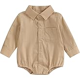 Sprifallbaby Baby Boy Button Down Shirt Newborn Solid Color Long Sleeve Romper Gentleman Lapel Bodysuit with Pocket