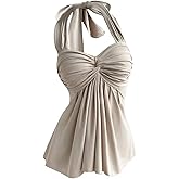 MakeMeChic Women's Plus Size Halter Crop Tops Twist Front Tie Backless Ruffle Summer Tank