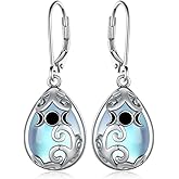 SVODEA Triple Moon Goddess Earrings For Women 925 Sterling Silver Moonstone Triple Moon Goddess Leverback Earrings Pagan Wiccan Jewelry Gifts for Women