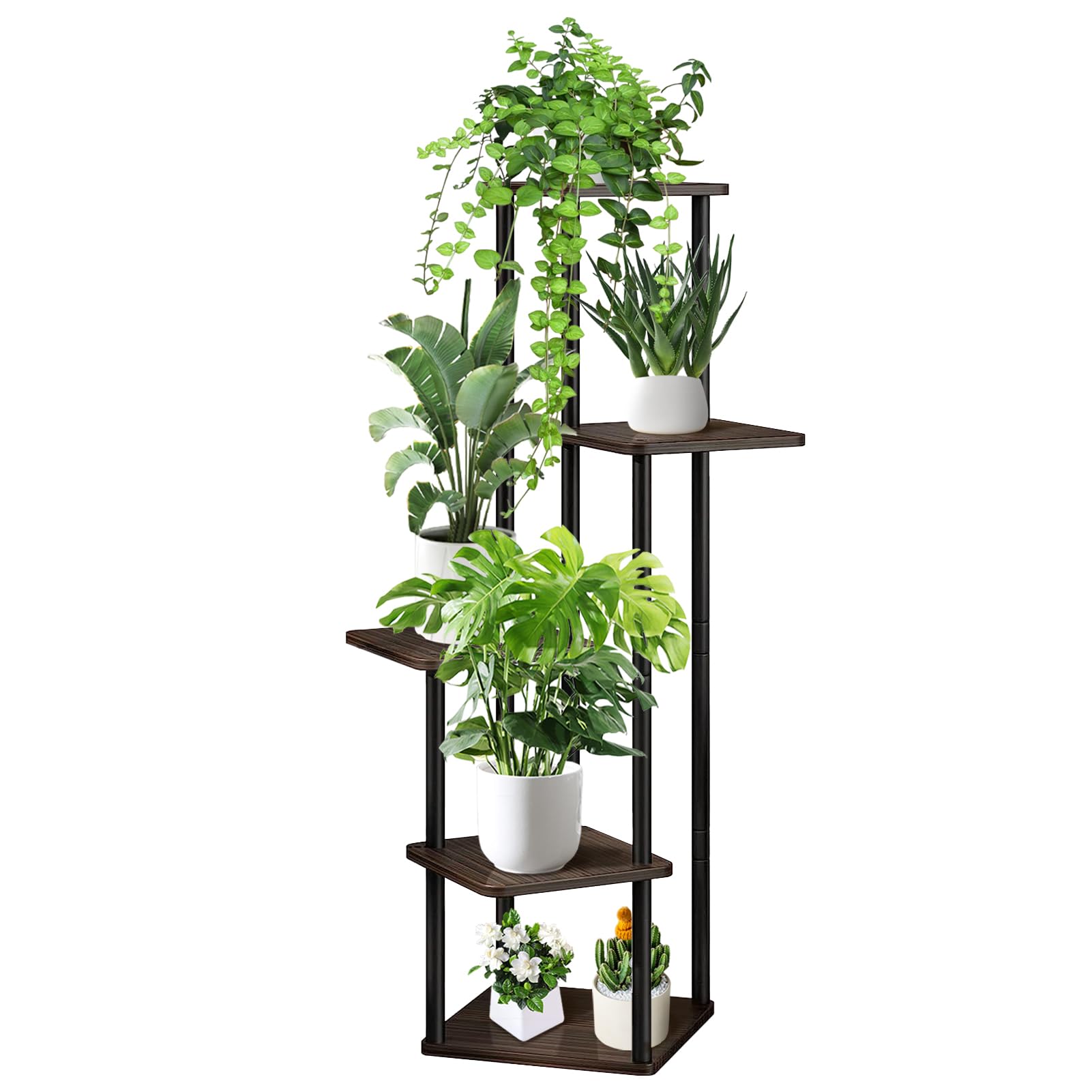 Photo 1 of YOCOMEY 5 Tier Wood Tall Plant Stand Metal Rack Indoor, Multiple Flower Pot Holder Shelves Corner Rack, Planter Shelf Display Rack Storage Organizer for Patio Living Room Balcony Garden(Black Oak)
