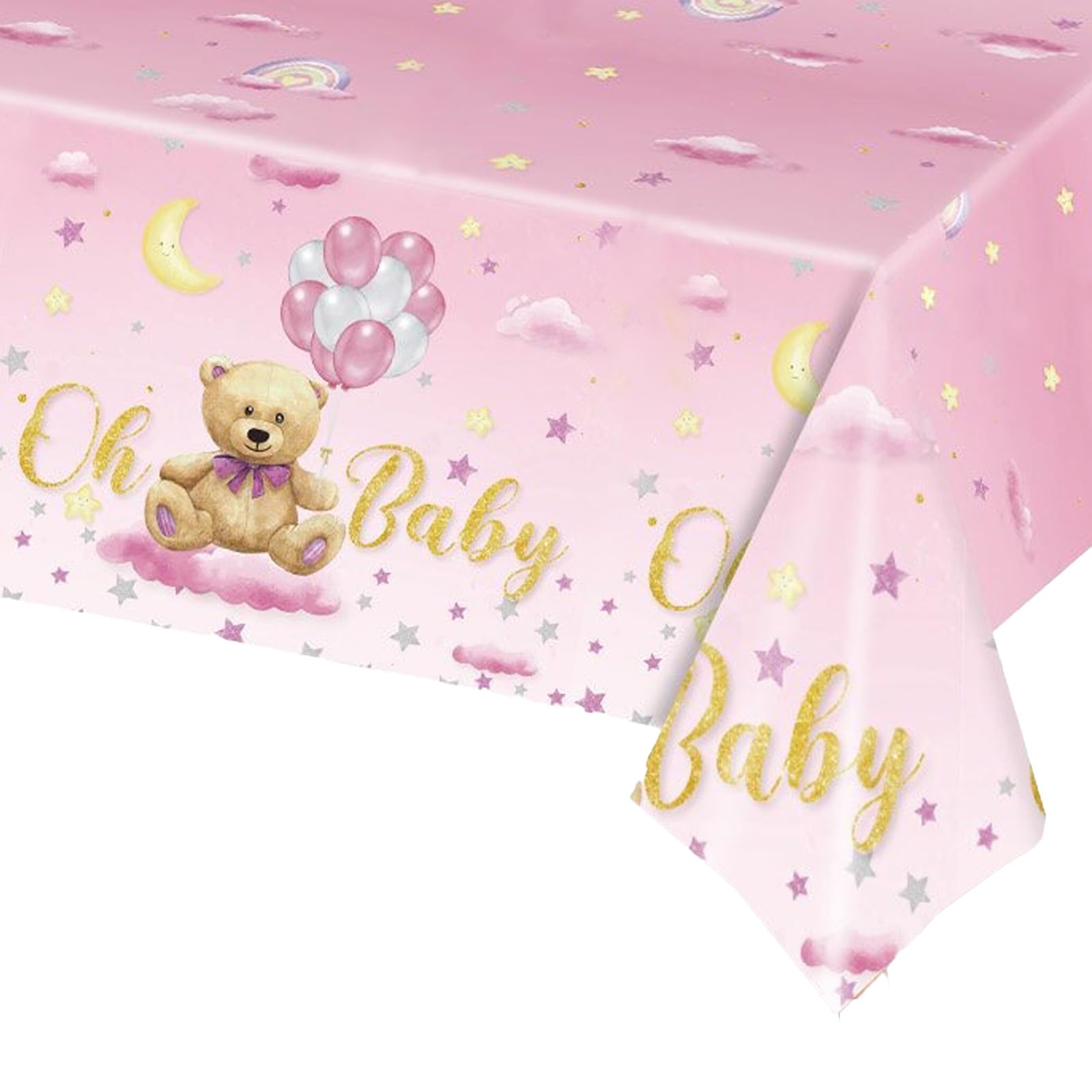 POPOYU Baby Pink Bear Baby Shower Party Table Cloth,New Born Baby Party Decoration Tablecloth 54 x 108 Inches Rectangle Plastic Waterproof Table Cover for Baby Girl Gender Reveal Party Supplies