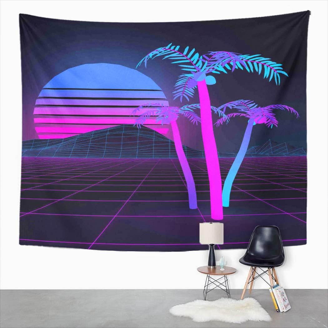 Sun and Moon Tapestry 80S Retro Futuristic Light Grid Palms Against Mountains Wall Hanging Art Print Home Polyester Decoration Apartment Bedroom Living Room Dorm Decor 60X80 Inches