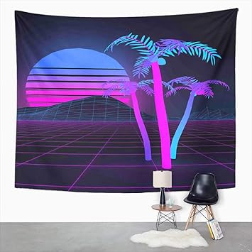 Buy Houlor Sun And Moon Tapestry 80s Retro Futuristic Light Grid Palms Against Mountains Wall Hanging Art Print Home Polyester Decoration Apartment Bedroom Living Room Dorm Decor 60x80 Inches Online At Low