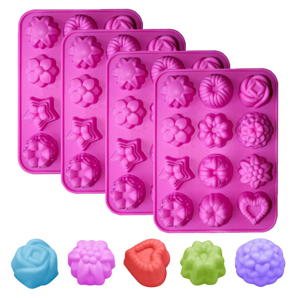 4 Pack 12 Cavities Flowers Silicone Soap Molds Hand Made Ice Lattice Cake Jelly Candy Making Moulds Cake Pans Handmade DIY Chocolate Mold Pink