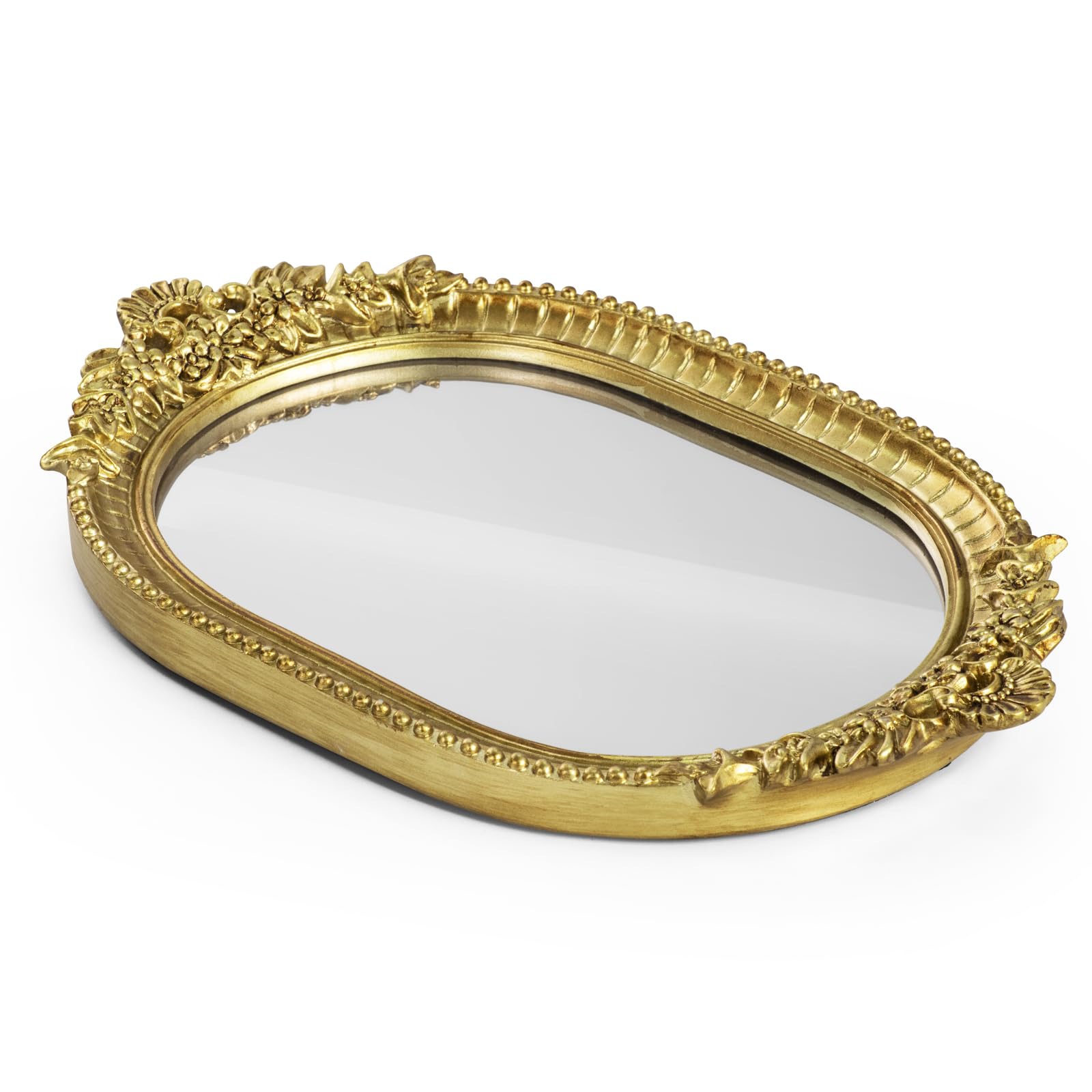 Photo 1 of GUOER Vintage Antique Decorative Bathroom Vanity Tray Decor Mirror Tray for Dessert Table Coffee Table Vanity Home Decor Serving Tray with Handle Gold