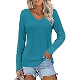 Zeagoo Womens Long Sleeve Tops Casual V Neck T Shirts Loose Fit Shirt Basic Tee Outfits M Blue Green