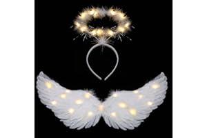 YAMGQUS Angel Wings, Light Up Angel Wings and Halo with LED Lights, White Angel Wings Costume for Adult Women Kids Halloween Xmas