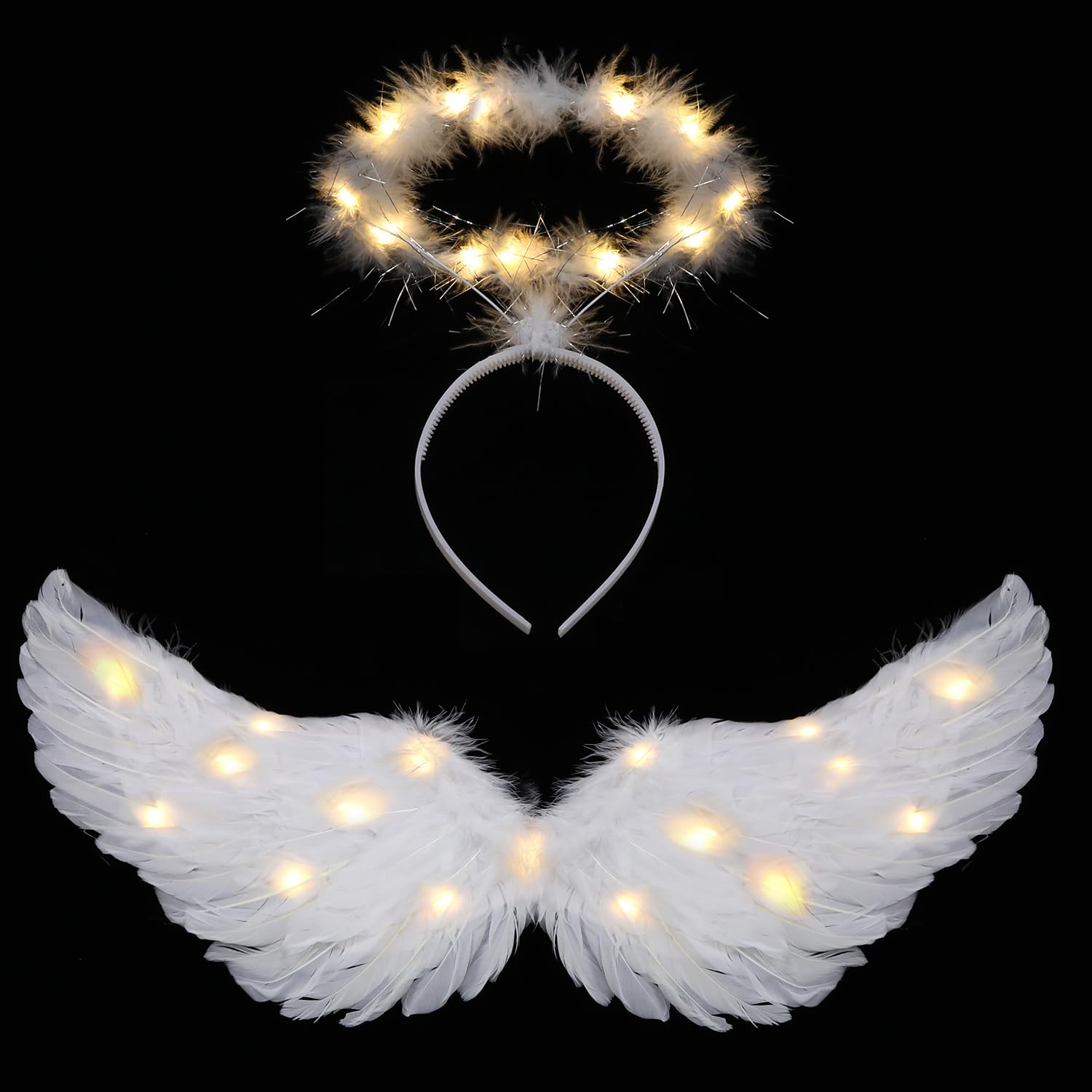 Ptesuply Angel Wings, Light Up Angel Wings and Halo with LED Lights - 3 Light Modes, White Angel Halloween Fancy Dress Costume Christmas Cosplay Party (Large, Warm Color)