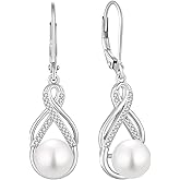 Blaniy Pearl Dangle Drop Earrings 925 Sterling Silver Infinity Leverback Earrings with 8MM White Pearl Jewelry Gifts for Women