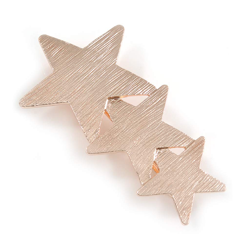 Triple Star Scratched Barrette Hair Clip Grip in Rose Gold Tone - 65mm W
