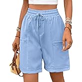 Oymyakon Women's Bermuda Long Shorts Summer 8'' High Waisted Casual Short Elastic Drawstring Pull On Short with Pocket