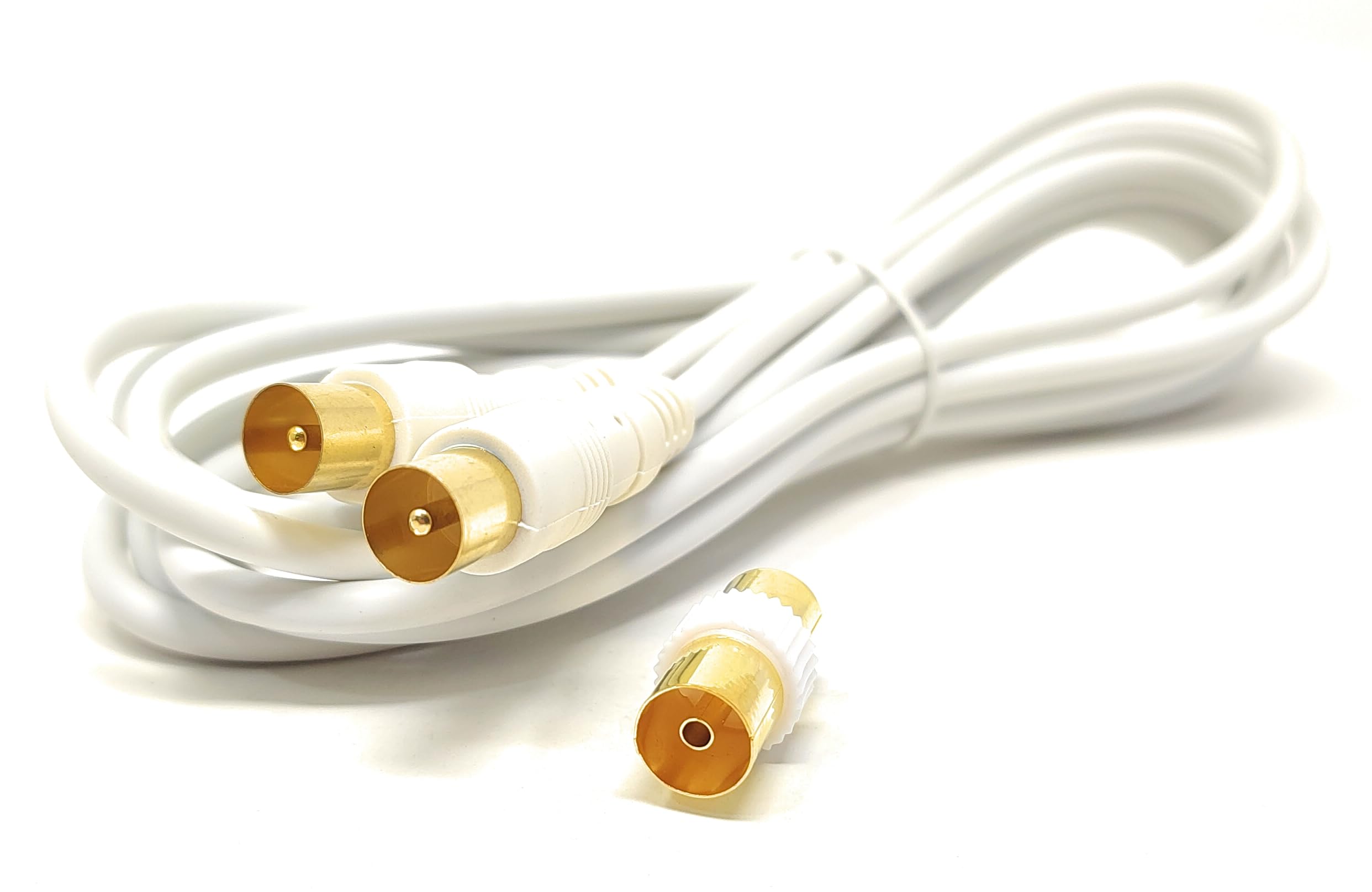 3m TV Aerial Coaxial Cable Male to Male, Satellite RF Antenna Coax RG59 Lead Gold Plated Connectors with Female Coupler (Straight, White, 3m)