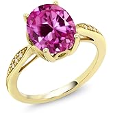 Gem Stone King 2-3 Cttw Oval Gemstone Birthstone and White Diamond Engagement Ring For Women | 14K Yellow Gold | Oval 10X8MM | Wedding Promise Ring | Size 5-9 | Pink Created-Sapphire | Size 7
