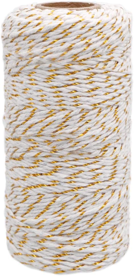jijAcraft Gold White Cotton String: 100M Christmas String for Gift Wrapping 2MM Durable Gold and White Cotton Twine for Crafts Packing