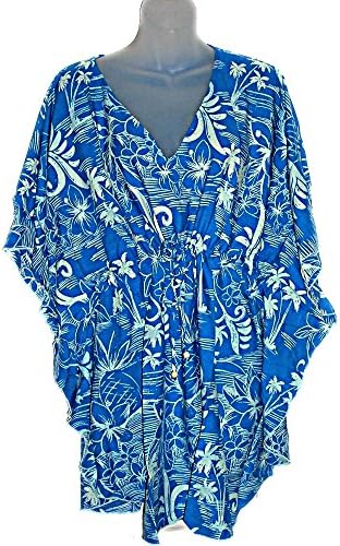 Tropical Pineapple, Palm Trees, Hibiscus Floral Kaftan Tunic Cover Up Beach Dress Swimwear (M-1X)